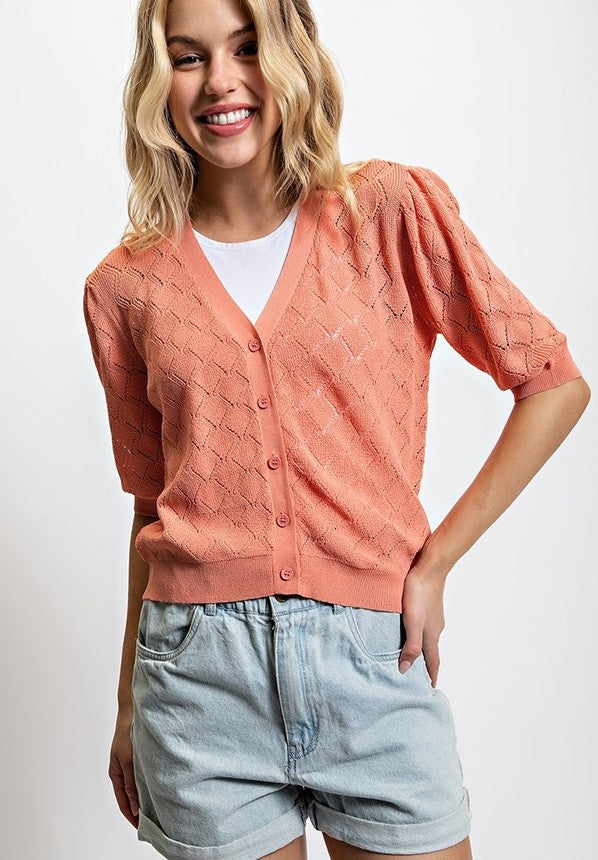 Pointelle Knit Fitted Cardigan