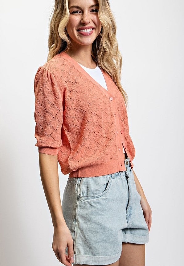 Pointelle Knit Fitted Cardigan