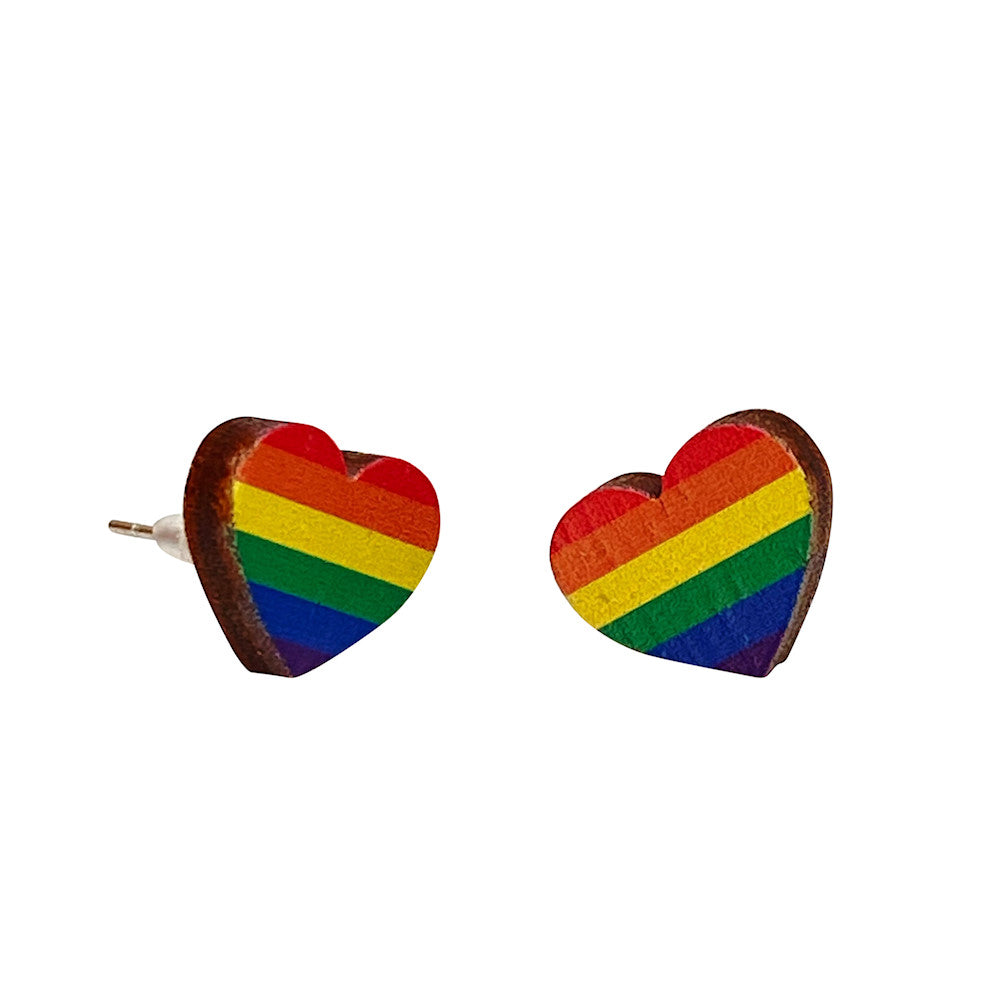 Green Tree Wooden Earring - Rainbow Pride Heart Studs