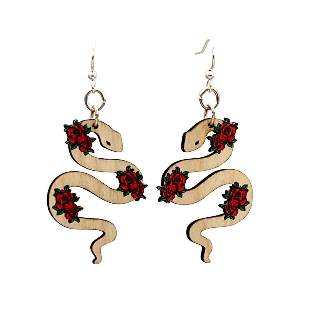 Green Tree Wooden Earring - Snake and Rose