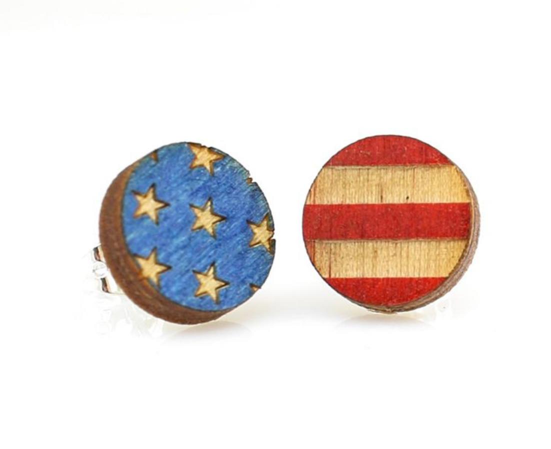 Green Tree Wooden Earring - USA Flag Studs