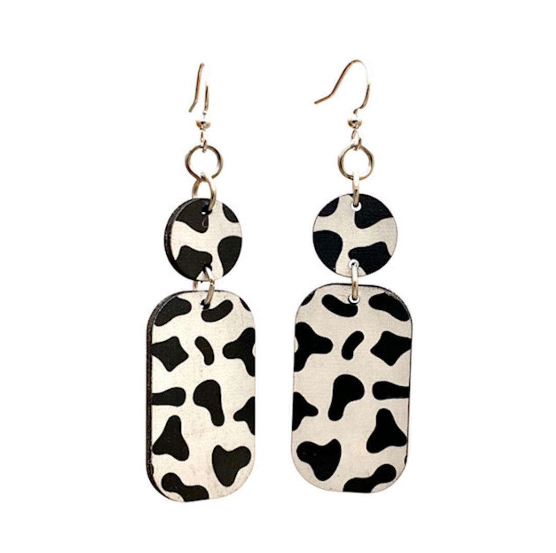 Green Tree Wooden Jewelry - Cow Print Earrings