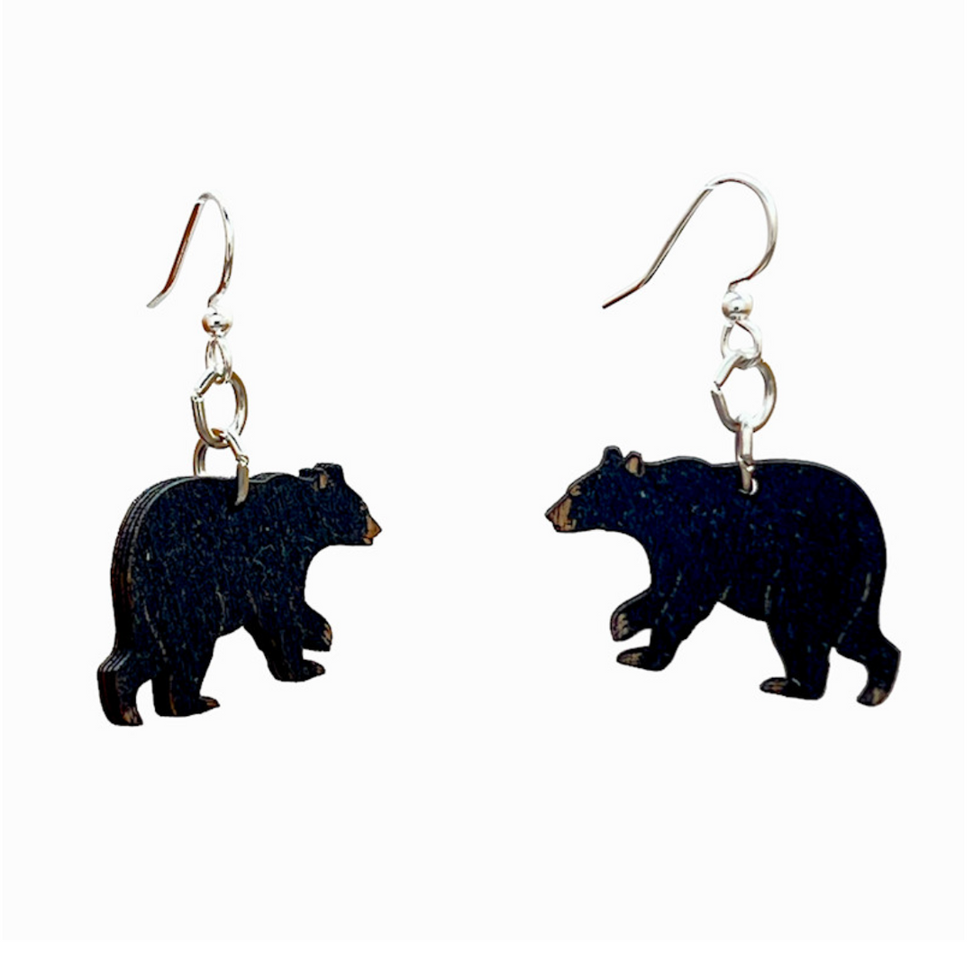Green Tree Wooden Earring - Black Bear