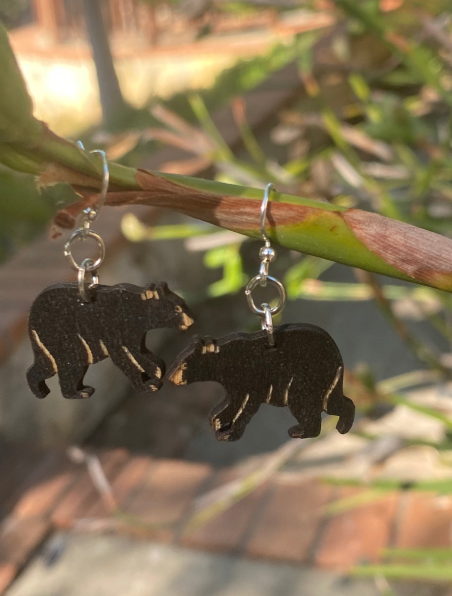 Green Tree Wooden Earring - Black Bear