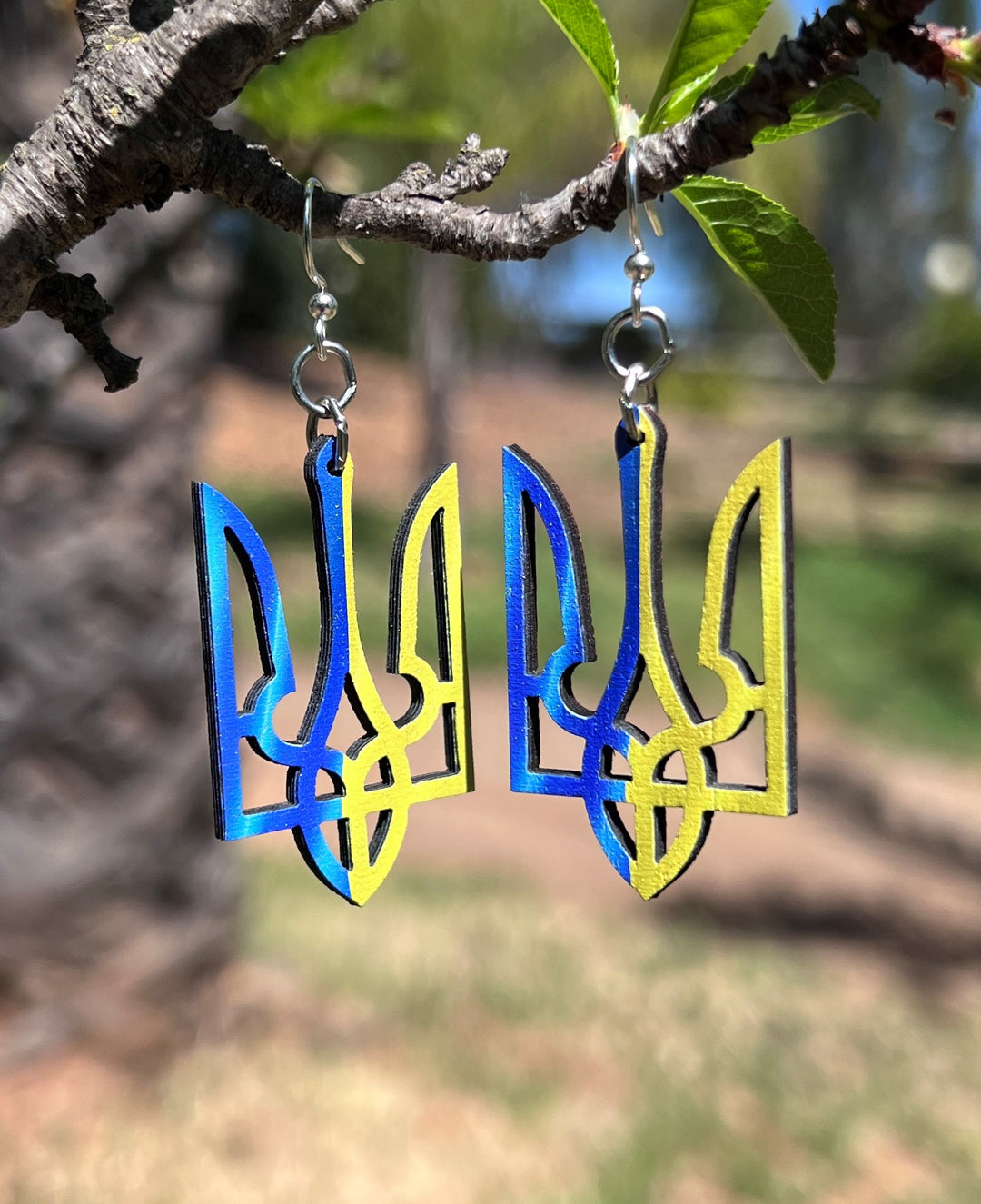 Green Tree Wooden Earrings - Ukraine Crest