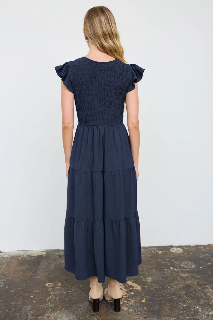 Smocked + Tiered V Neck Dress
