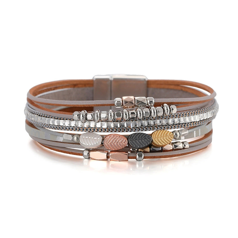 Layered Silver Tone Leather Bracelet