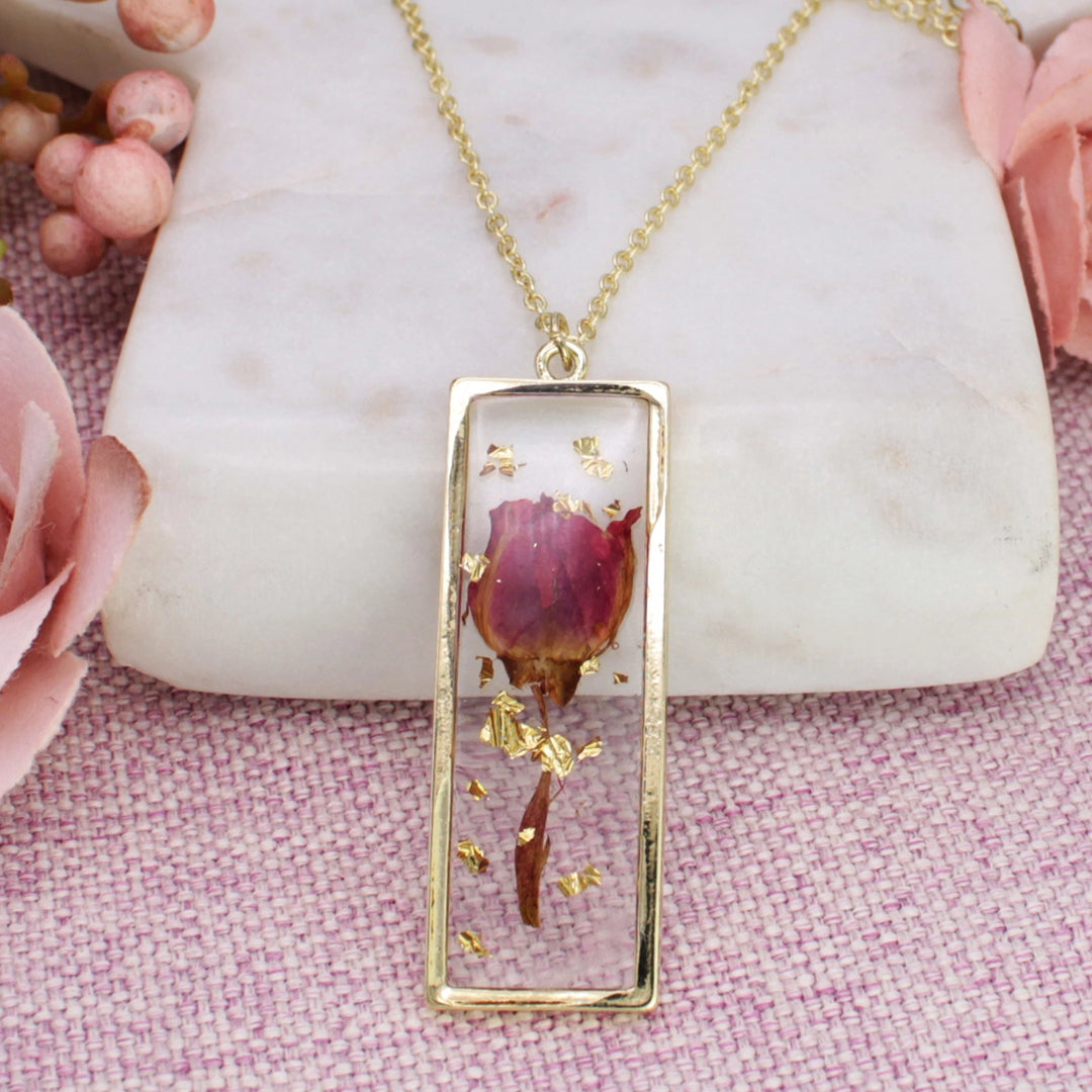 Gold Bar + Red Dried Flower Necklace
