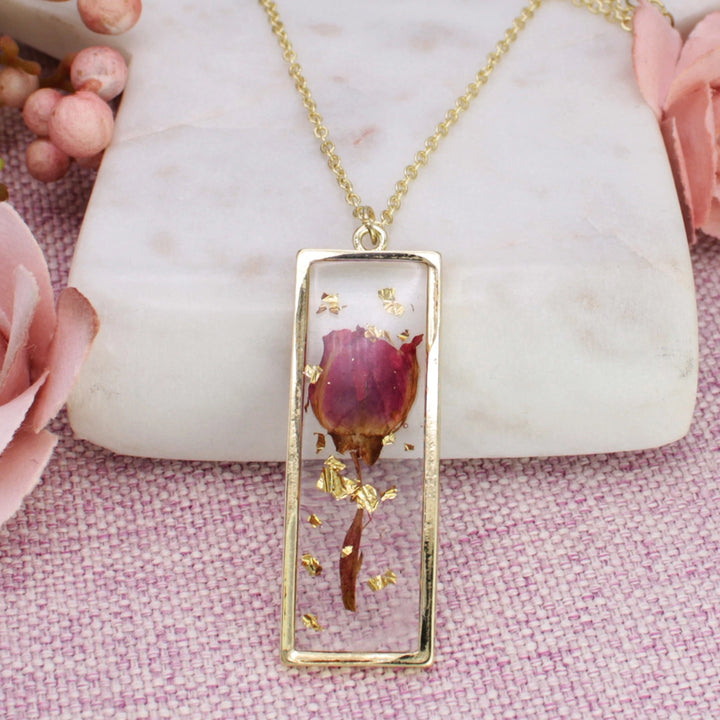 Gold Bar + Red Dried Flower Necklace