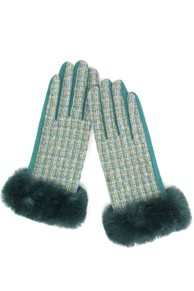 Tweed Gloves W/ Faux Fur Trim