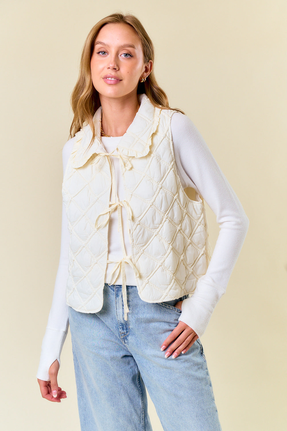 Ruffled Collar Quilted Vest