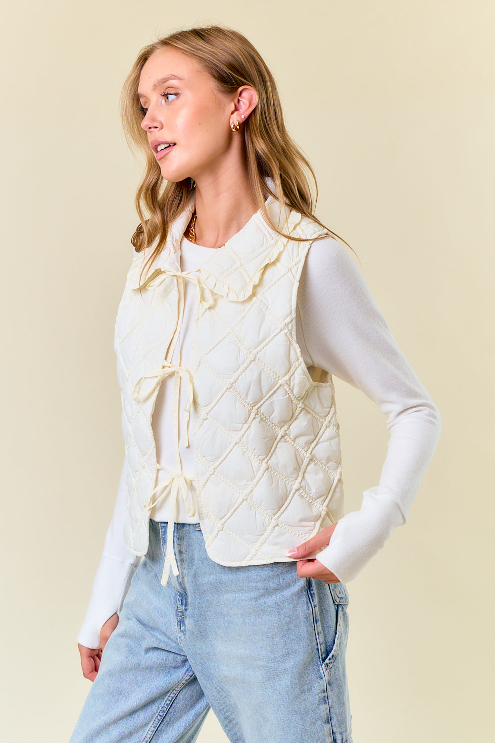 Ruffled Collar Quilted Vest