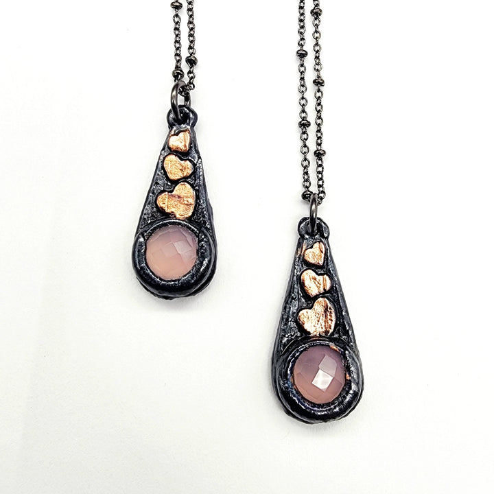 Gunmetal Rose Quartz + Hearts Necklace
