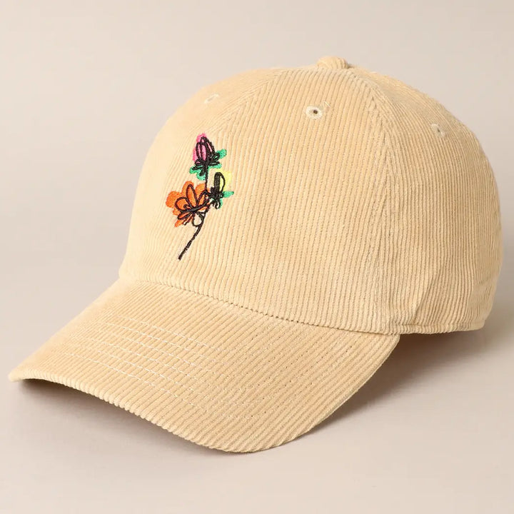 Floral Embroidered Corduroy Ball Cap