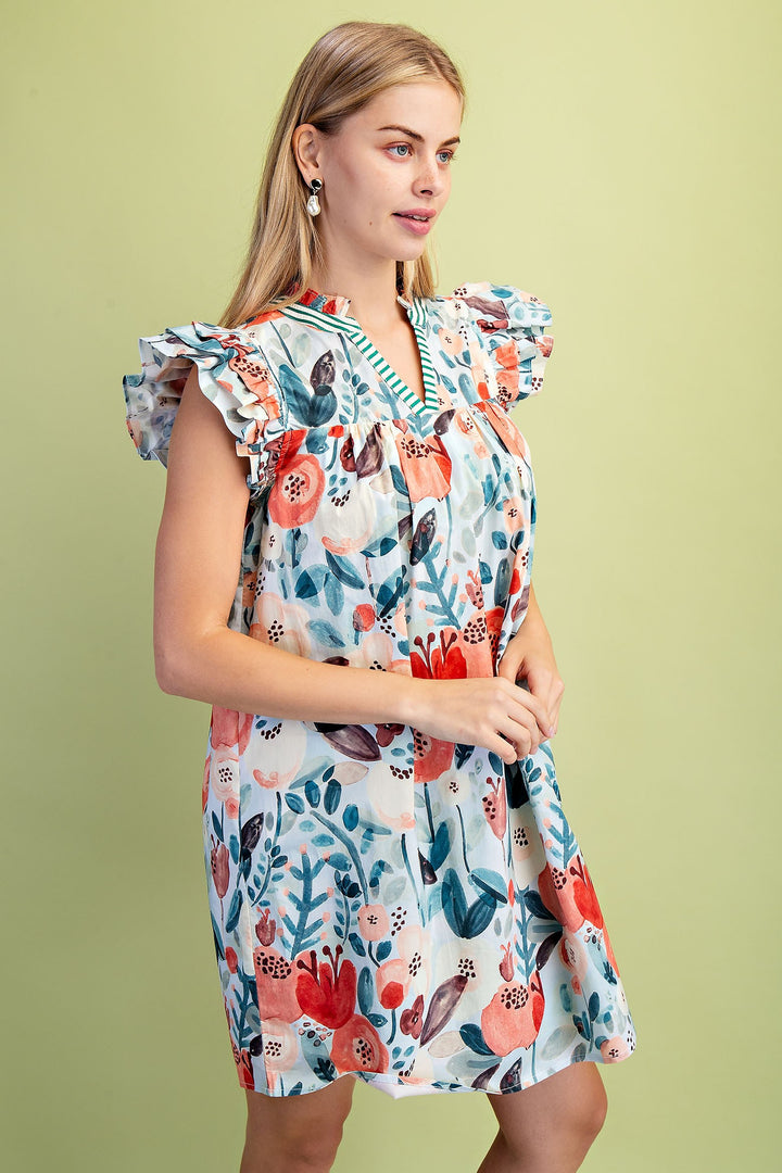 Contrast Stripe Floral Mini Dress