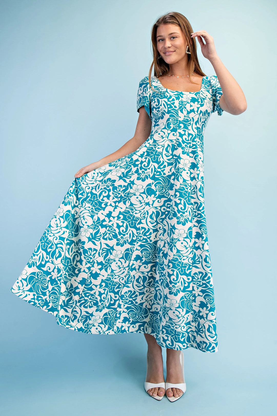 Two Tone Tropical Maxi Dress Aqua / L