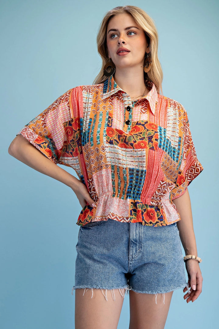 Mixed Prints Collared Top