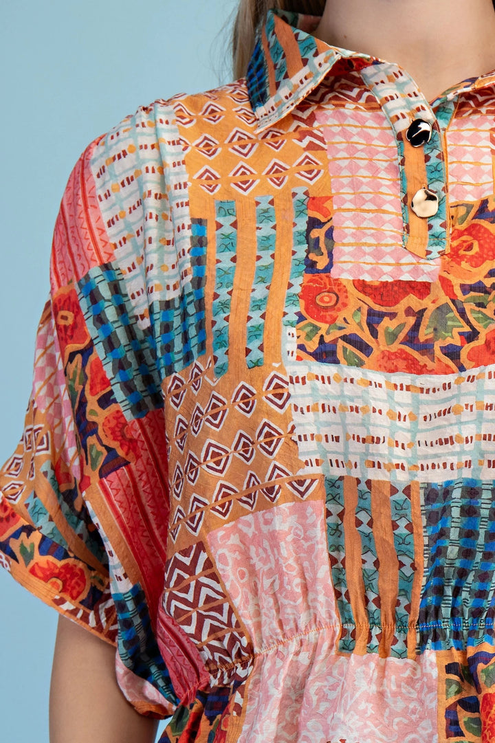 Mixed Prints Collared Top