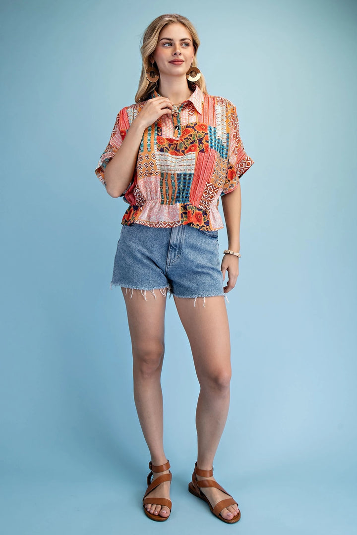 Mixed Prints Collared Top