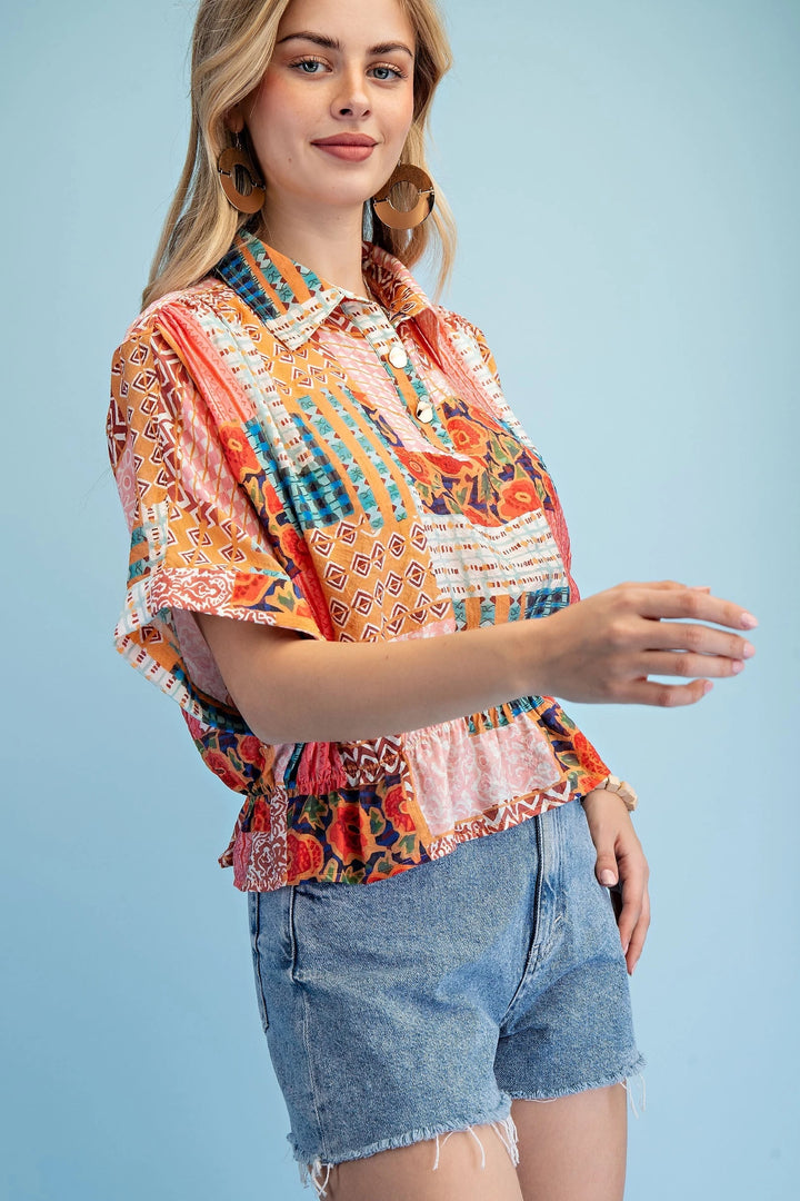 Mixed Prints Collared Top