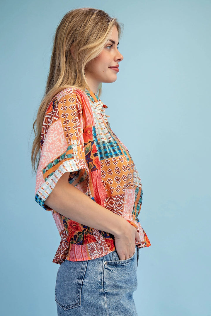 Mixed Prints Collared Top