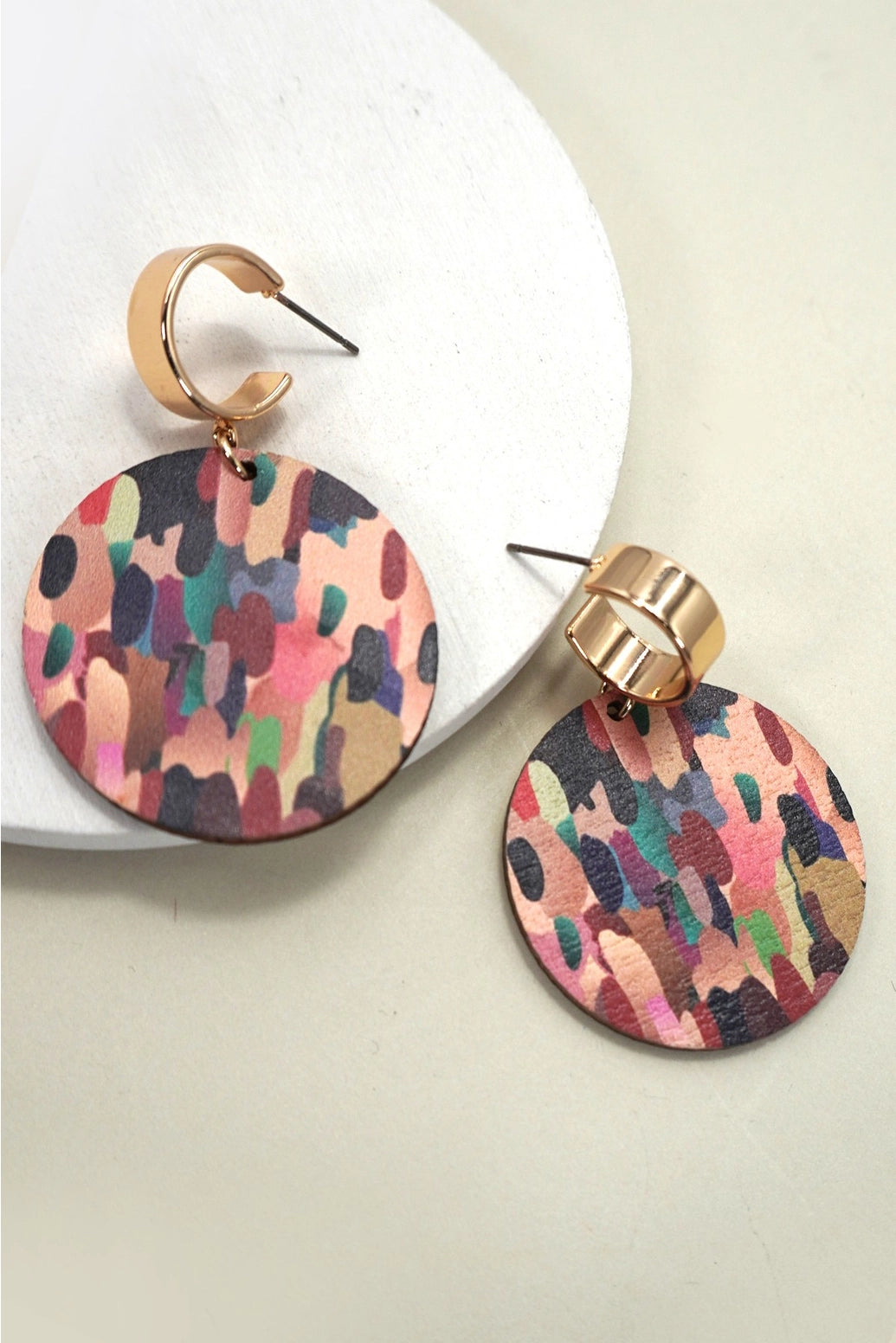 Impressionist Wooden Disc Earrings