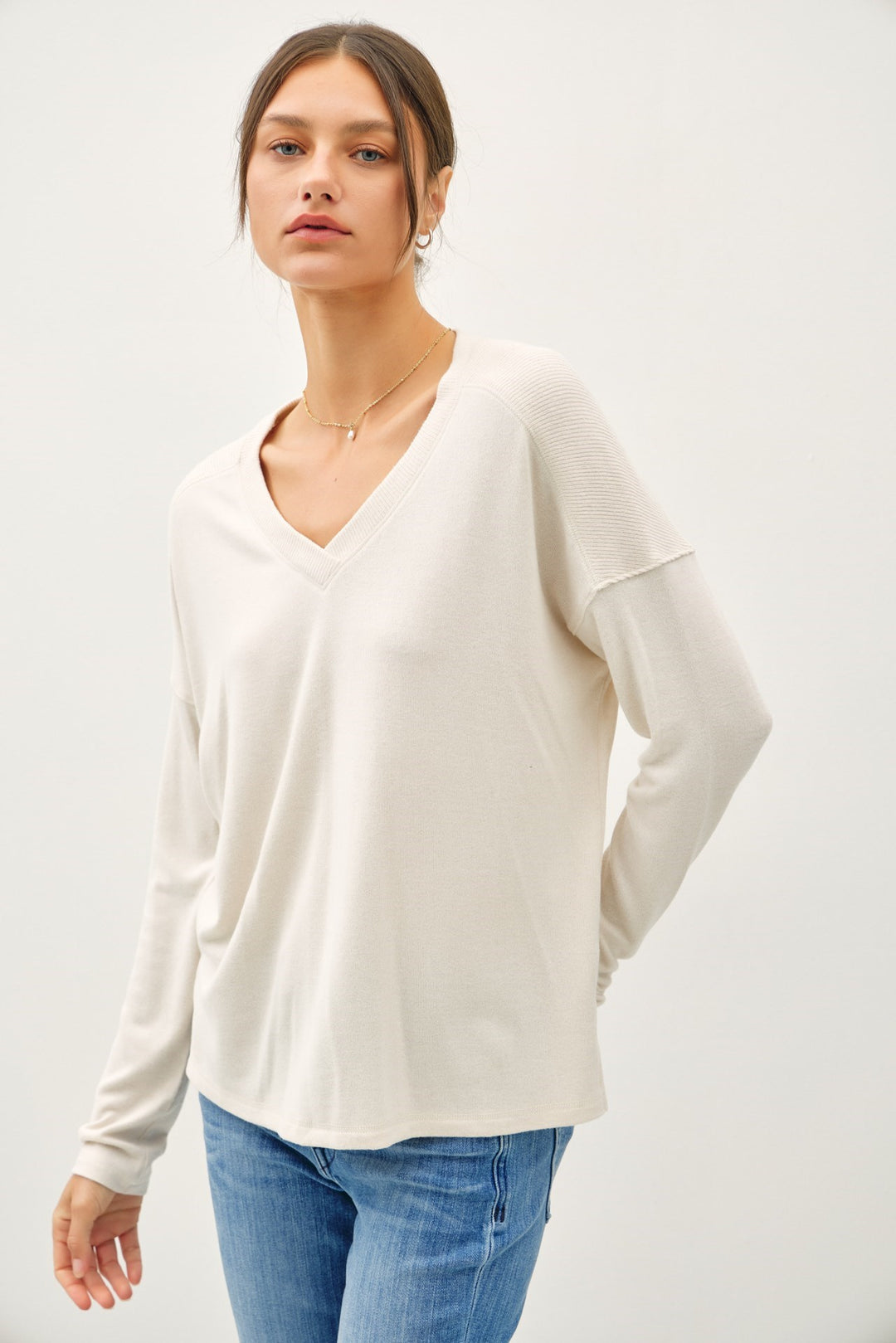 Ribbed Shoulder V Neck Top