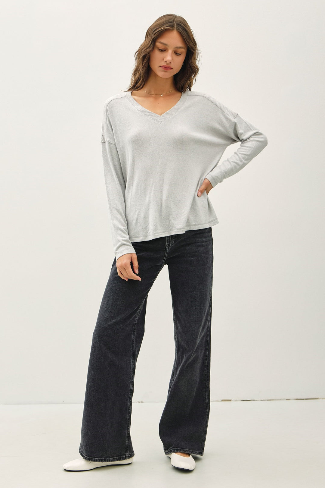 Ribbed Shoulder V Neck Top