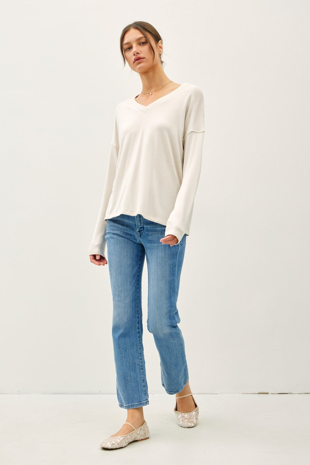 Ribbed Shoulder V Neck Top