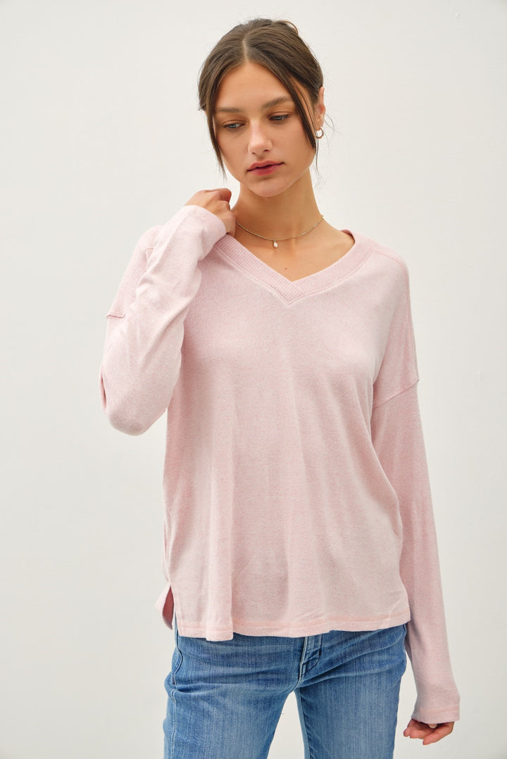 Ribbed Shoulder V Neck Top