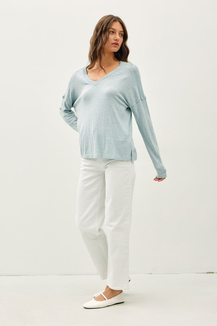 Ribbed Shoulder V Neck Top