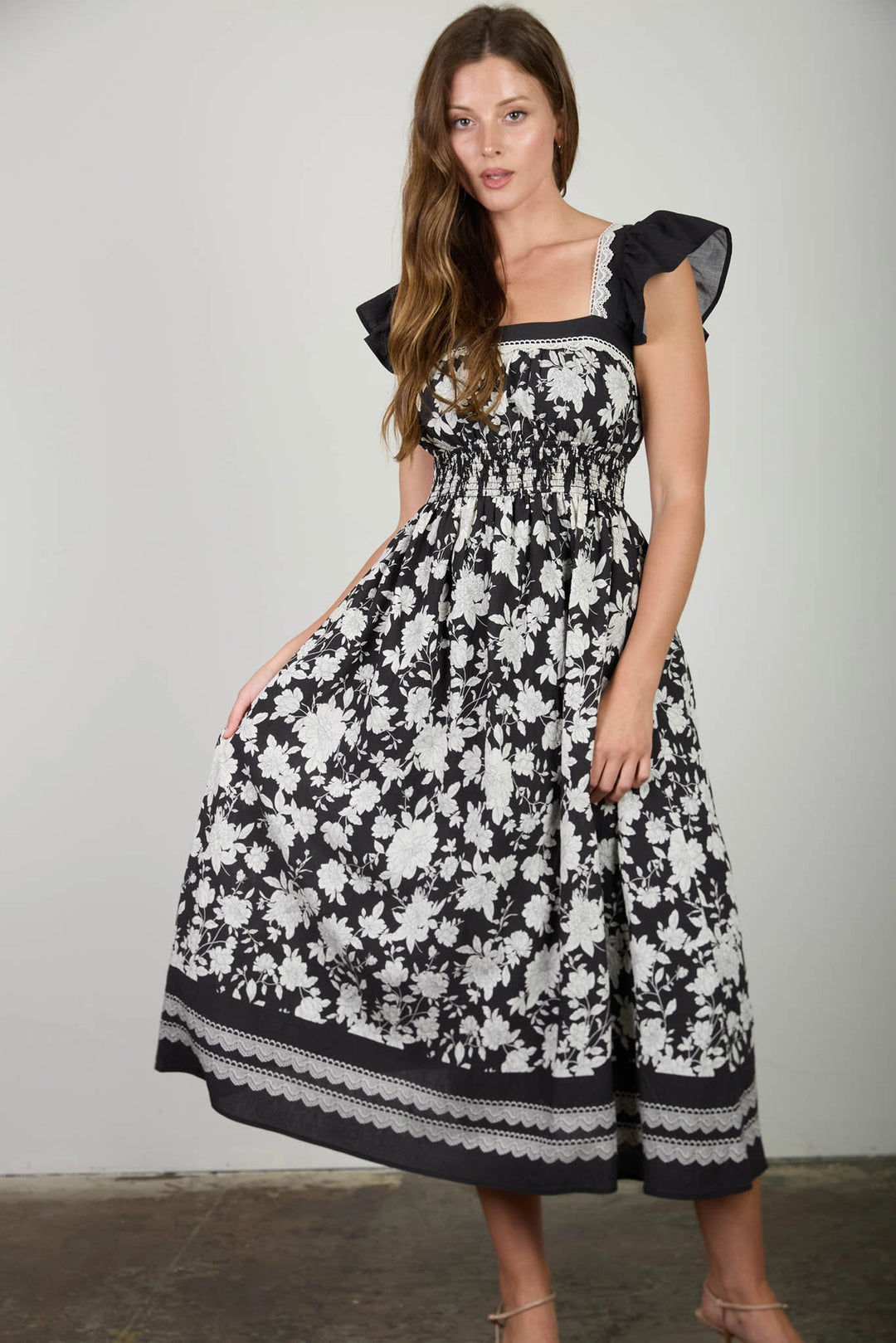 Black + White Floral Midi Dress