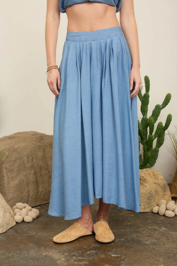 Pleated Chambray Midi Skirt