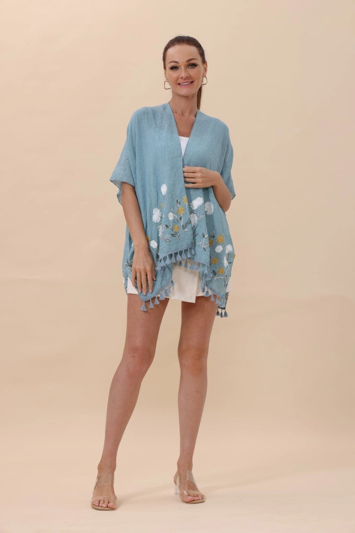 Floral Embroidered Kimono With Tassels