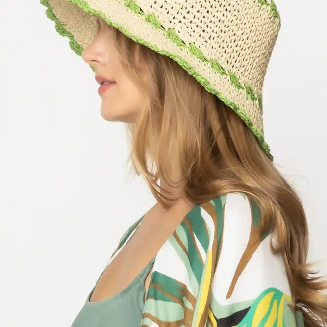 Green Trim Straw Bucket Hat
