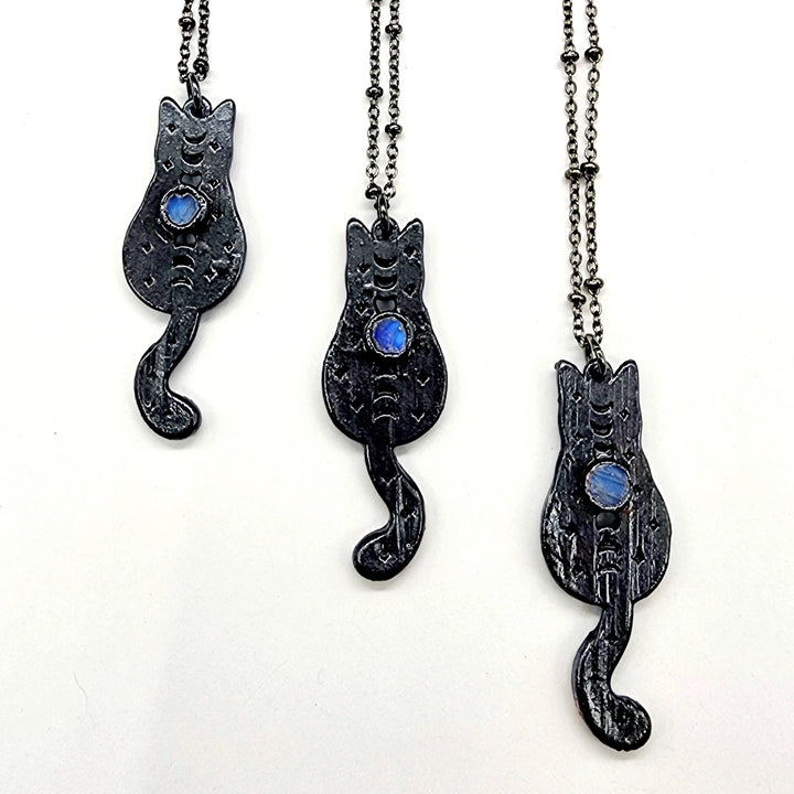 Moonstone Black Cat Moon Phase Necklace