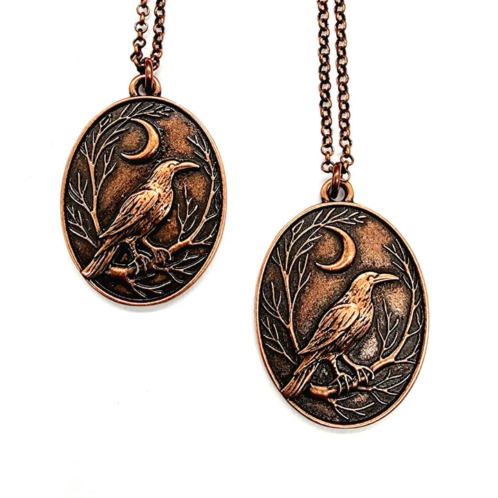 Raven + Crescent Moon Copper Pendant