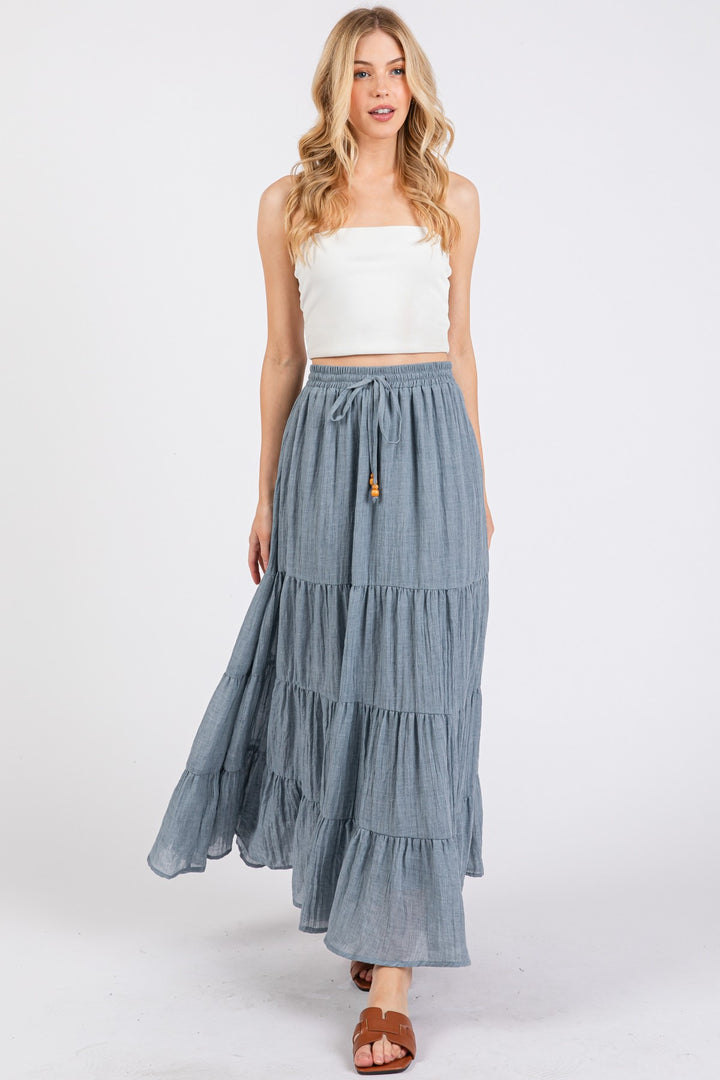 Chambray Tiered Maxi Skirt