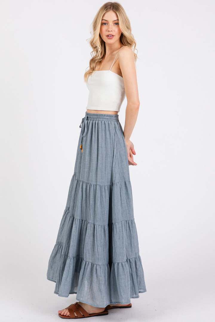 Chambray Tiered Maxi Skirt