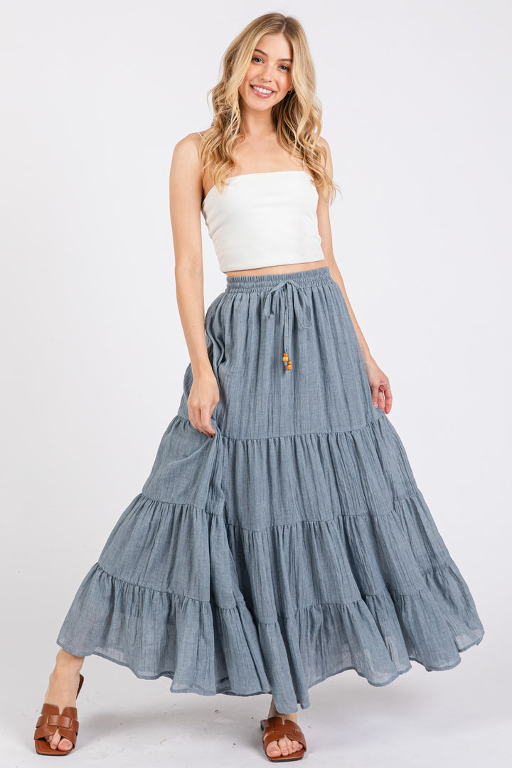 Chambray Tiered Maxi Skirt