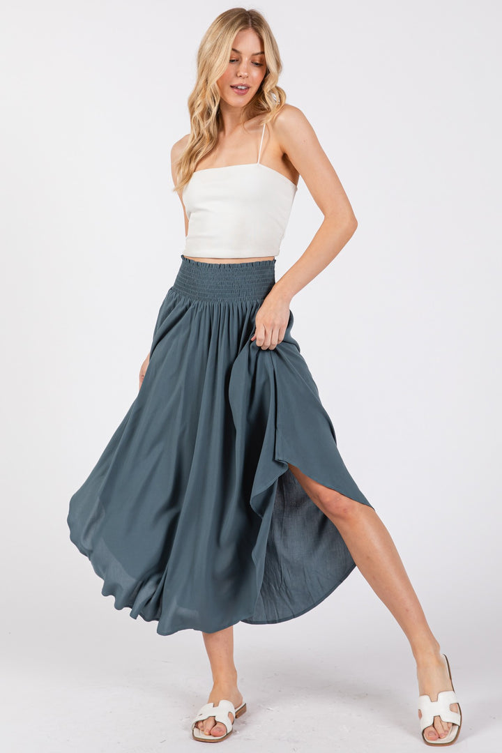 Smocked Waist Midi Skirt W/ Pockets