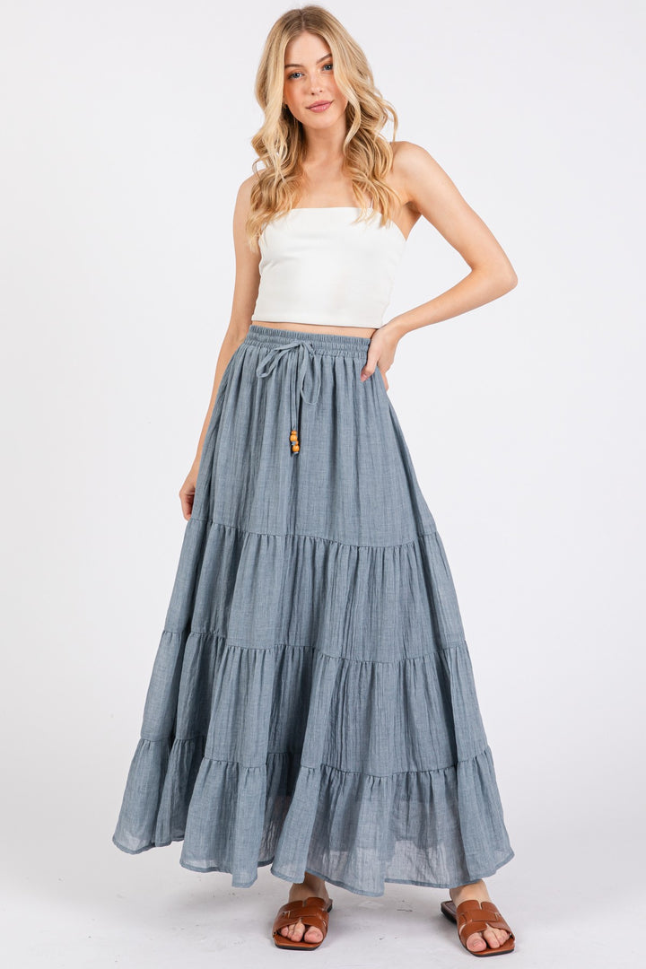 Chambray Tiered Maxi Skirt