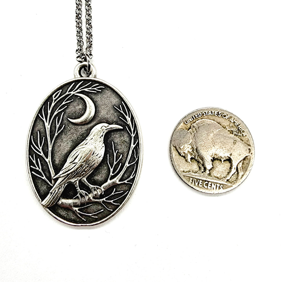 Raven + Crescent Moon Silver Pendant