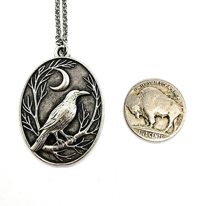 Raven + Crescent Moon Silver Pendant