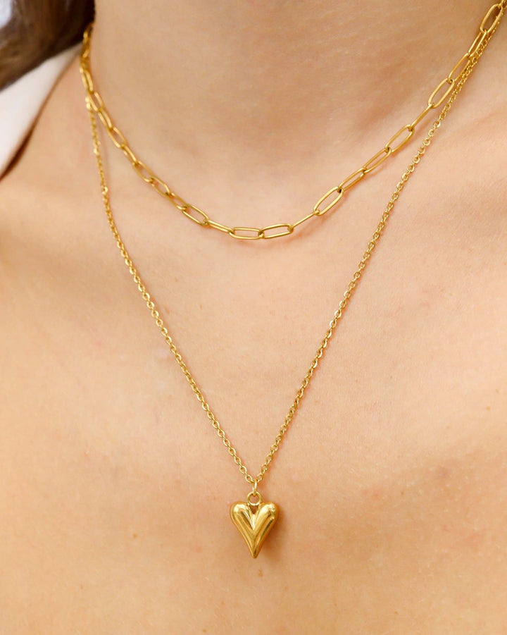 18K Paperclip + Heart Layered Necklace