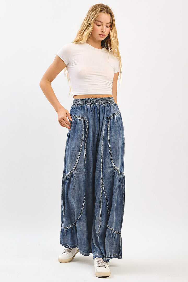 Ruffled + Tiered Chambray Pants