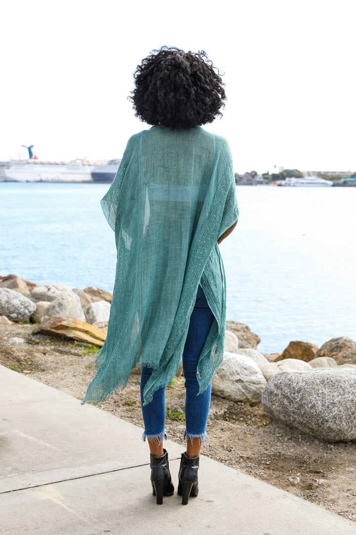Sequin Border Frayed Kimono