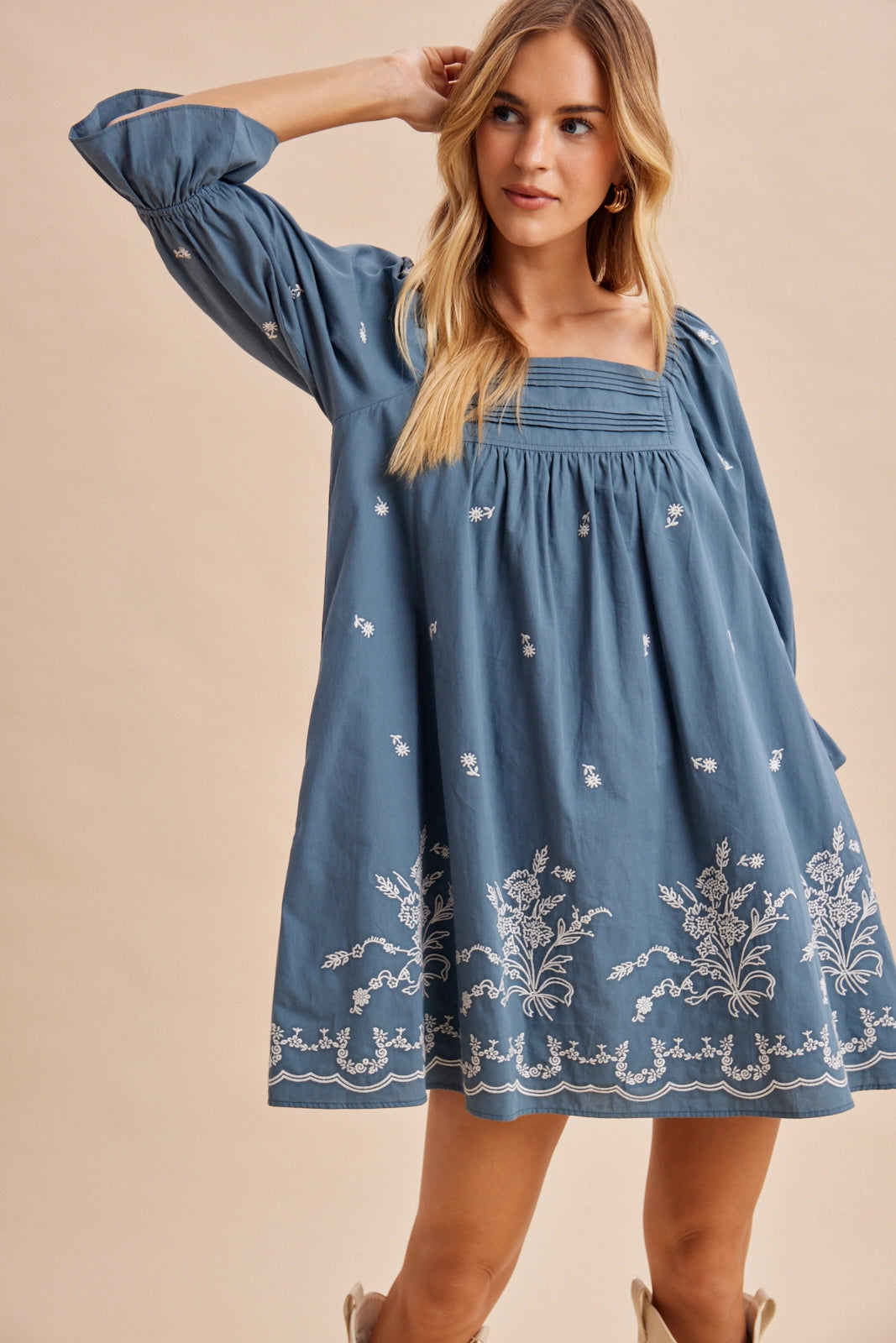 Pleat Detail Embroidered Mini Dress