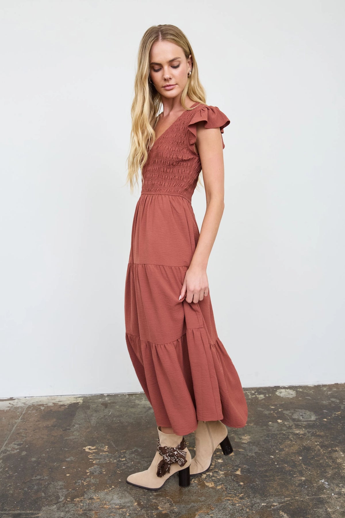 Smocked + Tiered V Neck Dress