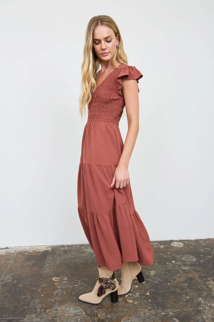 Smocked + Tiered V Neck Dress